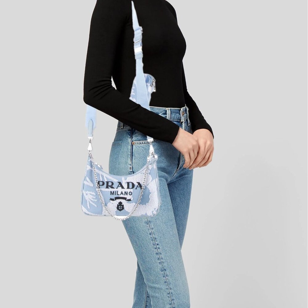 Prada Re-Edition 2005 Embroidered Drill Shoulder Bag wPouch Blue White Crossbody - Picture 2 of 16
